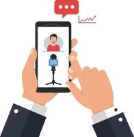 Hands holding smartphone showing speaker and microphone in flat art vector