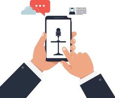 Hands Holding Smartphone with Microphone and Chat Bubbles in Flat Art vector