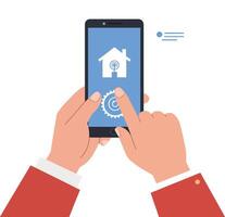 Hands interacting with smartphone showing home automation flat illustration vector