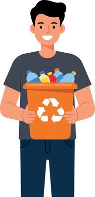 Person holding recycling bin with trash in flat art