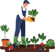 Gardener planting vegetables in soil with flat illustration vector