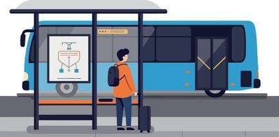 Person waiting at bus stop with modern bus in flat art vector