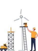 Construction worker installing wind turbine in flat illustration vector