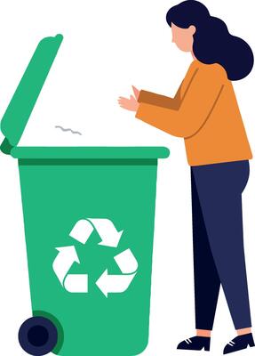 Woman Recycling Waste into Green Bin with Flat Minimal Art