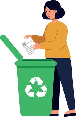 Person recycling paper into green bin with flat design art