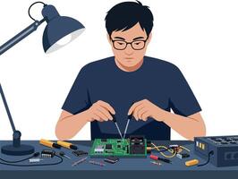 Technician repairing circuit board with tools in flat art vector