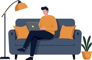 Relaxed man working on laptop in modern, flat art vector
