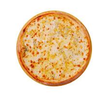 Delicious cheesy pizza served on a wooden platter in a cozy restaurant setting during dinner time photo