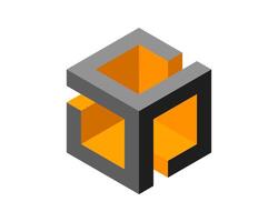 Abstract isometric cube design. Interlocking grey and orange shapes create a dynamic, modern image perfect for technology, architecture, or business concepts. vector