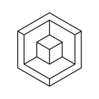 Minimalist geometric design featuring a cube within a hexagon. Symbolic of structure, containment, or nested systems. Perfect for tech, architecture, or abstract design projects. vector