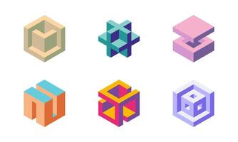 Collection of six vibrant, isometric 3D cube designs. Perfect for branding, app icons, web design, or as abstract geometric illustrations. vector