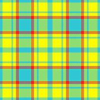 Vibrant seamless plaid pattern in bright yellow, turquoise, lime green, and red. Ideal for textile design, fashion, web backgrounds, and various print projects. vector