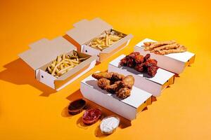 Fried chicken and crispy fries served in takeout boxes on vibrant orange backdrop photo