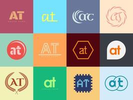 AT logo company template. Letter a and t logotype. Set different classic serif lettering and modern bold text with design elements. Initial font typography. vector