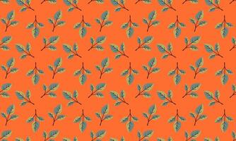 Vibrant orange background features a seamless pattern of stylized teal and olive green leaves on slender branches. Perfect for textile prints, wallpaper, packaging, or website design. vector
