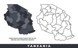 Tanzania political regions black color outline map set vector