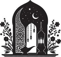 Ramadan Mubarak Background with Lantern and Moon Silhouette vector