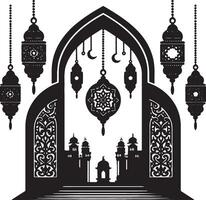 Crescent Moon Silhouette with Ramadan Lantern vector
