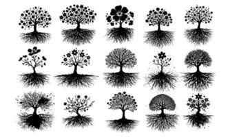 Set of Tree with Roots with Flowers Silhouettes design vector