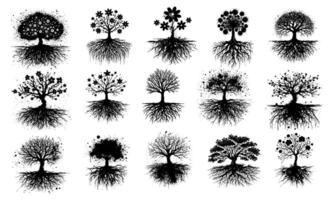 Set of Tree Roots and Flowers Silhouette Collection Design vector
