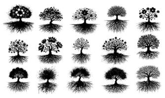 Set of Tree Silhouettes with Roots and Flowers Design vector