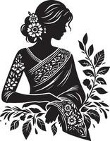 Exquisite Saree with Floral Patterns and Silhouette Art vector
