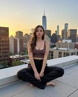 Young Woman Posing on Rooftop with City Skyline at Sunset photo