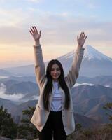 Young woman celebrating joyfully in front of majestic mountain photo