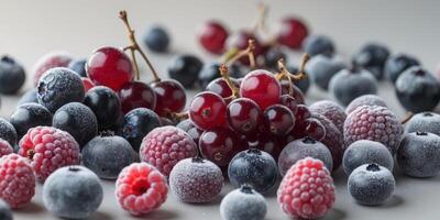 Close up view of assorted frozen berries including black currant red currant raspberry and blueberry photo