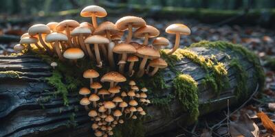 A cluster of mushrooms growing on the surface of a decaying log photo