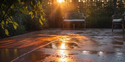 Sunset glow on wet stamped concrete patio. photo