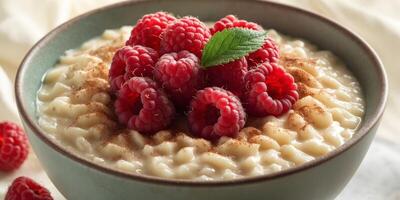 A delicious bowl of creamy rice pudding topped with fresh raspberries and cinnamon photo