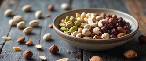 Mix of assorted nuts and dried fruits on a dark rustic wooden table featuring golden pistachios cashews hazelnuts and almonds in a bowl photo