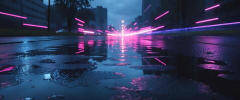 Neon Lights Reflected in Puddle at Night photo