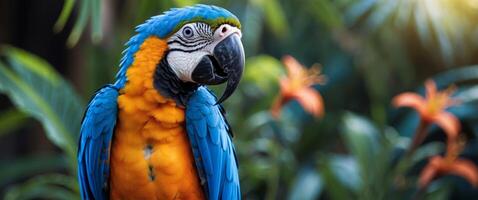 A blue and gold macaw parrot is sitting on a branch photo