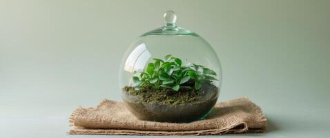 Lush green terrarium in glass dome displaying soil on textured burlap fabric with ample empty space for promotional text background. photo