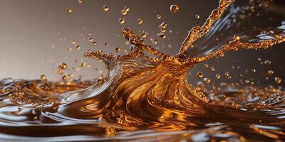 Dramatic Splash of Golden Brown Liquid Close Up Texture Coffee or Tea Wave. photo