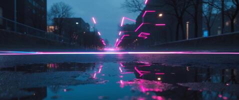 Neon Lights Reflected in Puddle at Night. photo