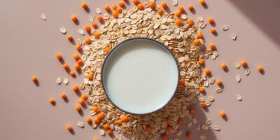 High angle view of rolled oats with and orange mustard seeds by milk on pink background photo