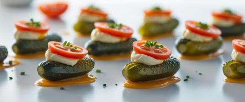 Pickle appetizers with creamy cheese and fresh tomato topping photo