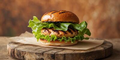Grilled Chicken Burger with Fresh Lettuce on a Rustic Background photo