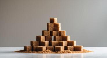 A collection of brown sugar neatly stacked on a white table. photo