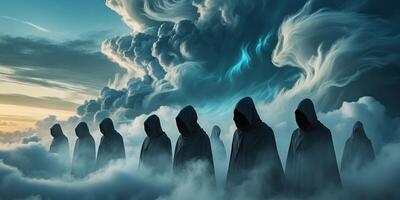 Mysterious hooded figures emerging through swirling clouds during twilight. photo