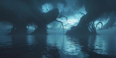 Mysterious Dark Ocean Scene with Dramatic Clouds and Eerie Blue Light Reflections on Calm Water Surface. photo