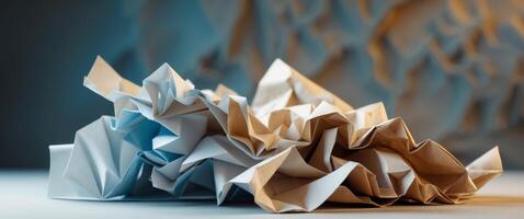 Crinkled paper in shades of blue beige and brown creates a textured and abstract background with deep shadows. photo