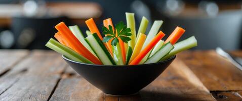 Crispy Vegetable Sticks with Fresh Green Garnish and Black Bowl on Wooden Table in Modern Restaurant Setting. photo