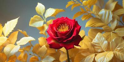 A red rose with yellow leaves in the background. photo