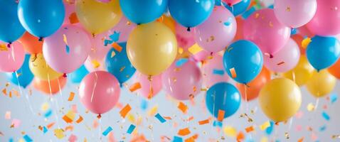 Colorful balloons and confetti create a festive atmosphere for celebration events photo