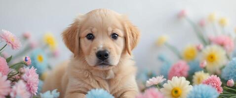 Golden Retriever Puppy Surrounded by Colorful Flowers with Soft Focus and Copy Space for Text photo