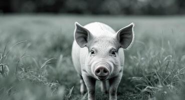 Pale pig standing in grassy field with ears perked up. photo
